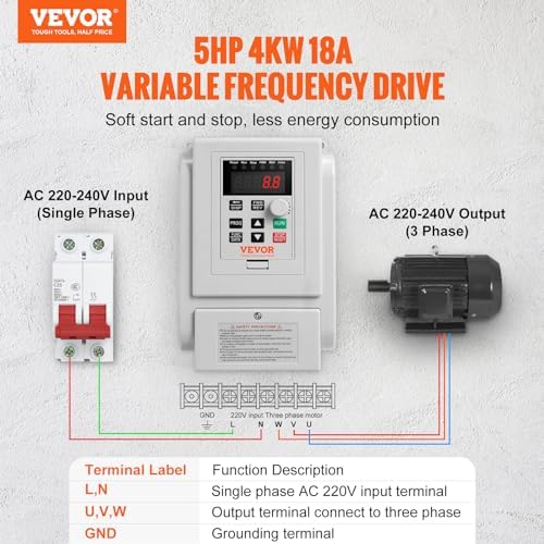 VEVOR Variateur de Fréquence 4 kW Rapide et Performant pour Moteurs de Machines Entrée Monophasé Sortie Triphasé Régulat
