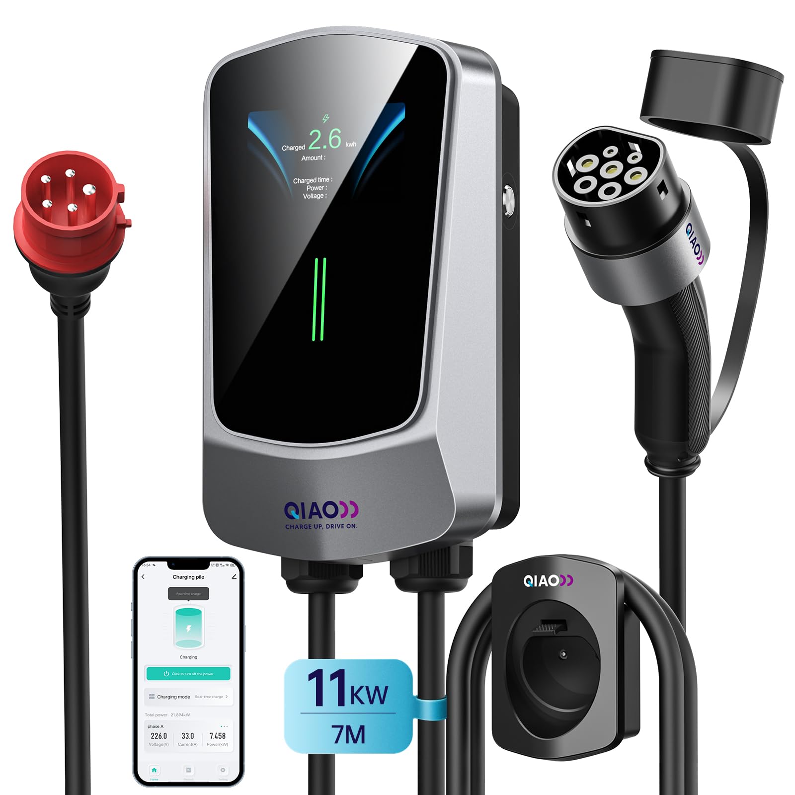 Chargeur EV Wallbox QIAO)) 11 KW pour Voiture électrique Domestique|Triphasé 8-16 A|Prise CEE 16 A|écran LCD 4,3|Applica